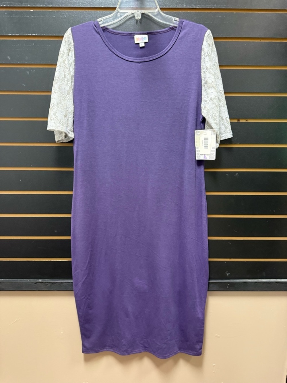 LuLaRoe Julia Dress Purple Lace Sleeve Bodycon Stretch Size L NWT